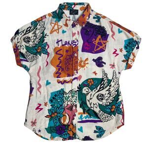 Milk & Honey Button Front Shirt Festival Fiesta Print Vintage Collared Sz Small